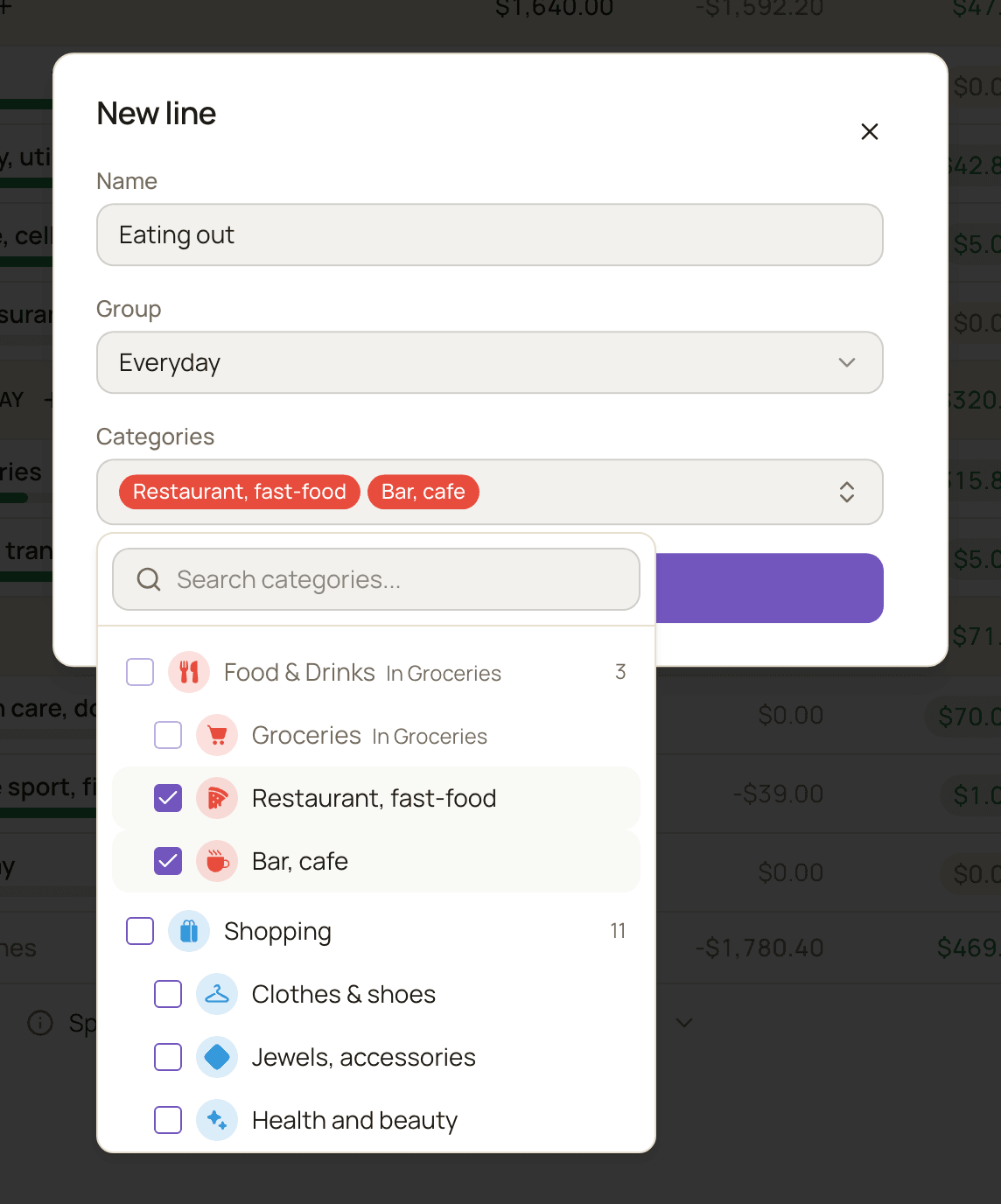 The New line window with the name Eating out, the Everyday group selected, and the categories list open with Restaurant, fast-food and Bar, cafe checked and Groceries marked as taken by another line.